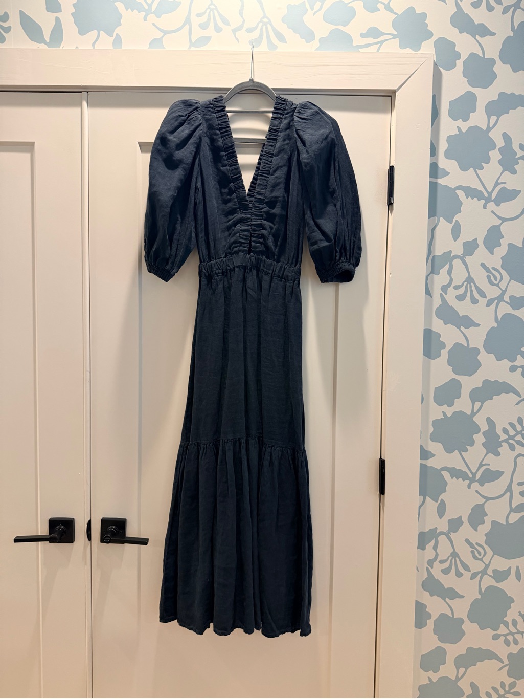 Deep Navy Puff Sleeve Maxi Dress With V-Neck